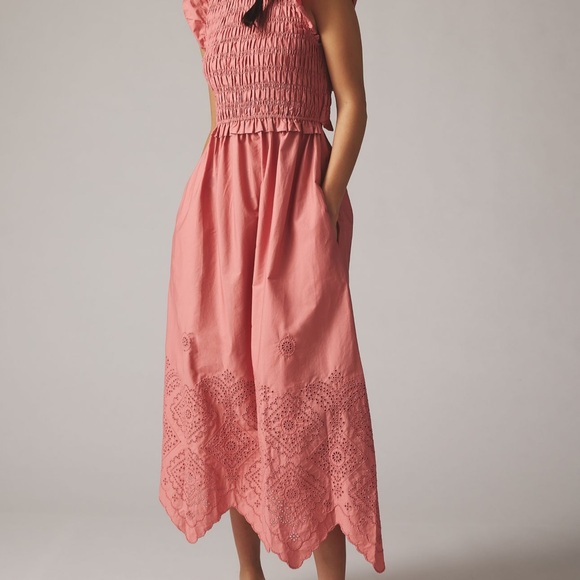 Moon River Dresses & Skirts - Pink Smocked Midi Dress with Embroidered Hem